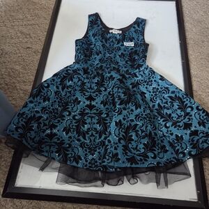 Girls' Teal and Black Floral Velvet Fit-and-Flare Dress